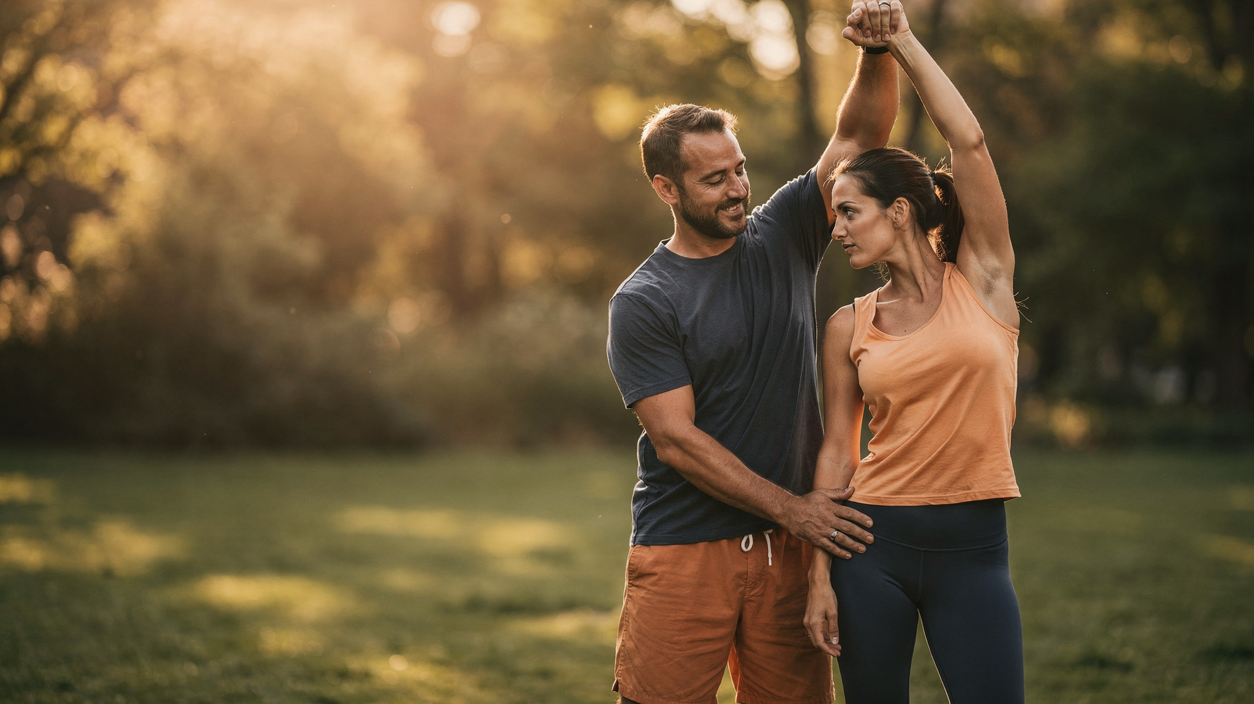 Couple s'étirant ensemble en extérieur au coucher du soleil, sport et bien-être