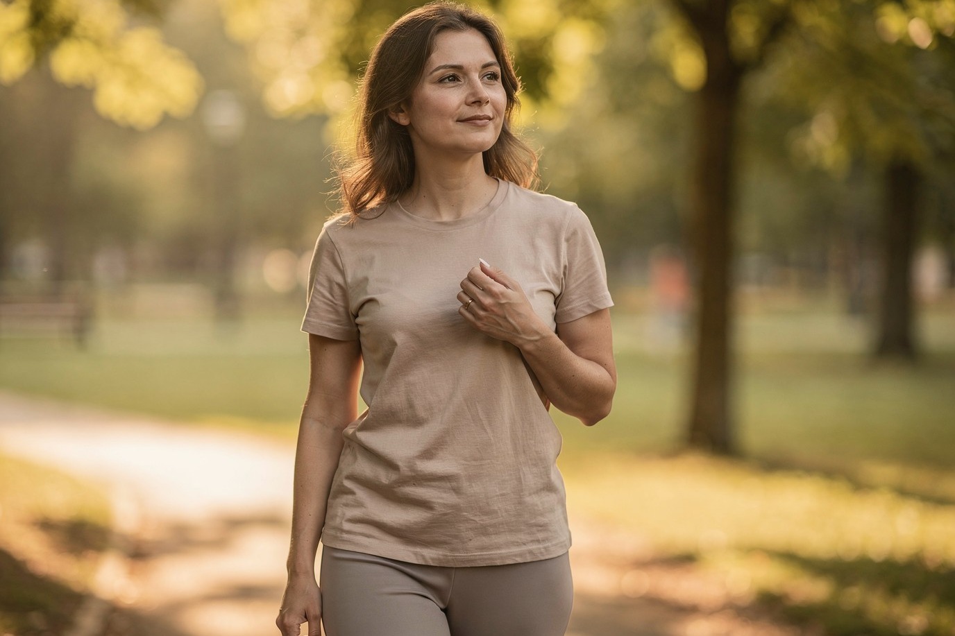 Personne faisant une pause calme pendant une marche en extérieur, expression détendue