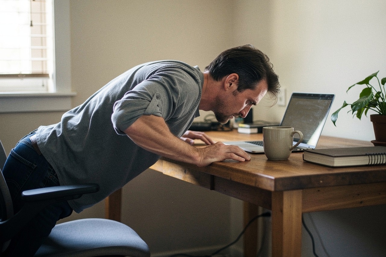 Homme faisant une courte série de pompes contre un bureau pendant une pause de travail
