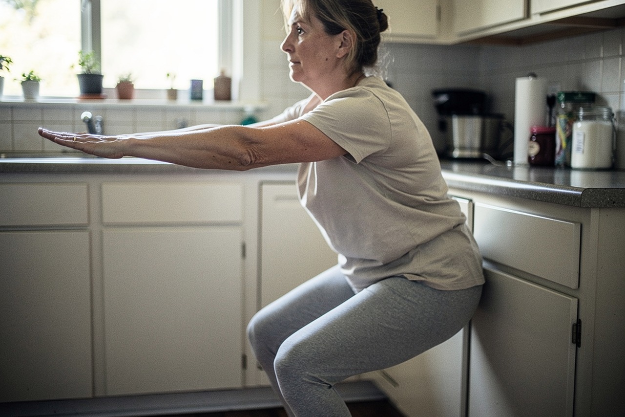 Femme faisant un squat près du plan de travail de sa cuisine pendant une courte pause